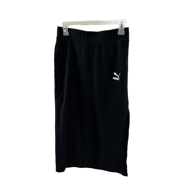 Puma Womens S Black Midi Skirt Elastic Waist Logo Athletic Casual Lounge - Picture 1 of 7